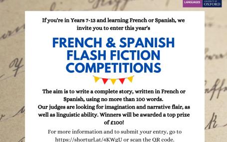 A poster for the Flash Fiction Competitions containing key details and a QR code which links to more information.