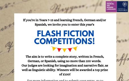A poster for the Flash Fiction Competitions containing key details and a QR code which links to more information.
