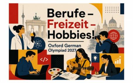 A poster for the 2027 German Olympiad showing different historic German buildings and various avatars doing different activities such as painting, taking photographs and learning the guitar. 
