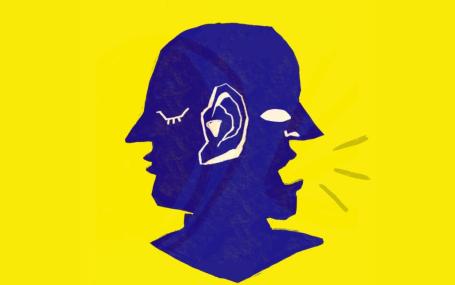 A yellow square with the words 'The Oxford Linguist' at the top and a graphic of a two headed person speaking as the main image.