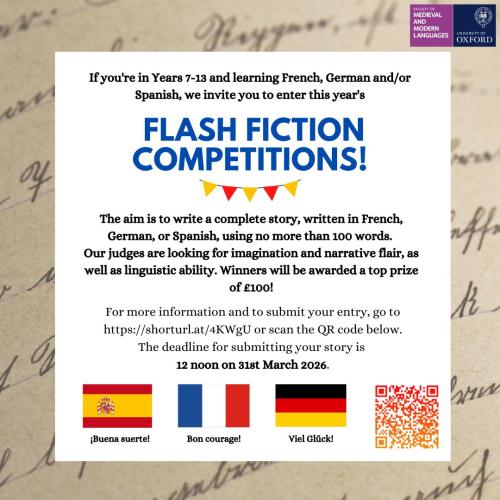 A poster for the Flash Fiction Competitions containing key details and a QR code which links to more information.