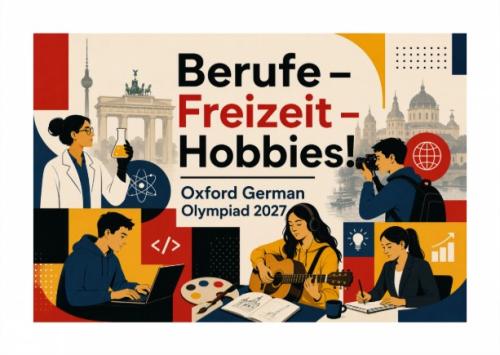 A poster for the 2027 German Olympiad showing different historic German buildings and various avatars doing different activities such as painting, taking photographs and learning the guitar. 