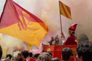 Spanish college competition crowd with flags