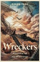 Shipwreck with swirling waves and people clinging to mast
