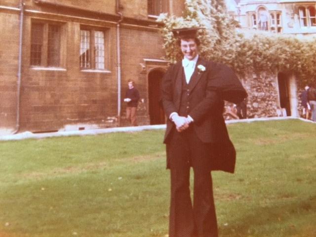 Ian Grainger in subfusc and flared trousers, Logic Lane, Univ, 1976