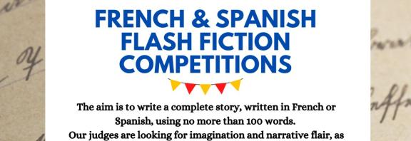 A poster for the Flash Fiction Competitions containing key details and a QR code which links to more information.