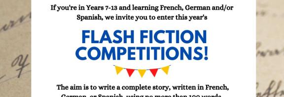 A poster for the Flash Fiction Competitions containing key details and a QR code which links to more information.