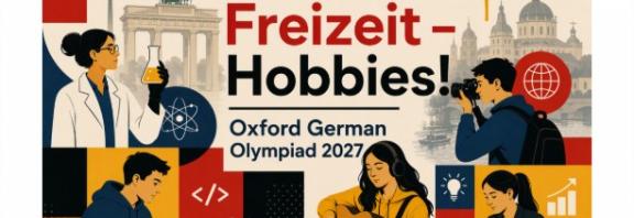 A poster for the 2027 German Olympiad showing different historic German buildings and various avatars doing different activities such as painting, taking photographs and learning the guitar. 