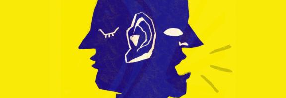 A yellow square with the words 'The Oxford Linguist' at the top and a graphic of a two headed person speaking as the main image.