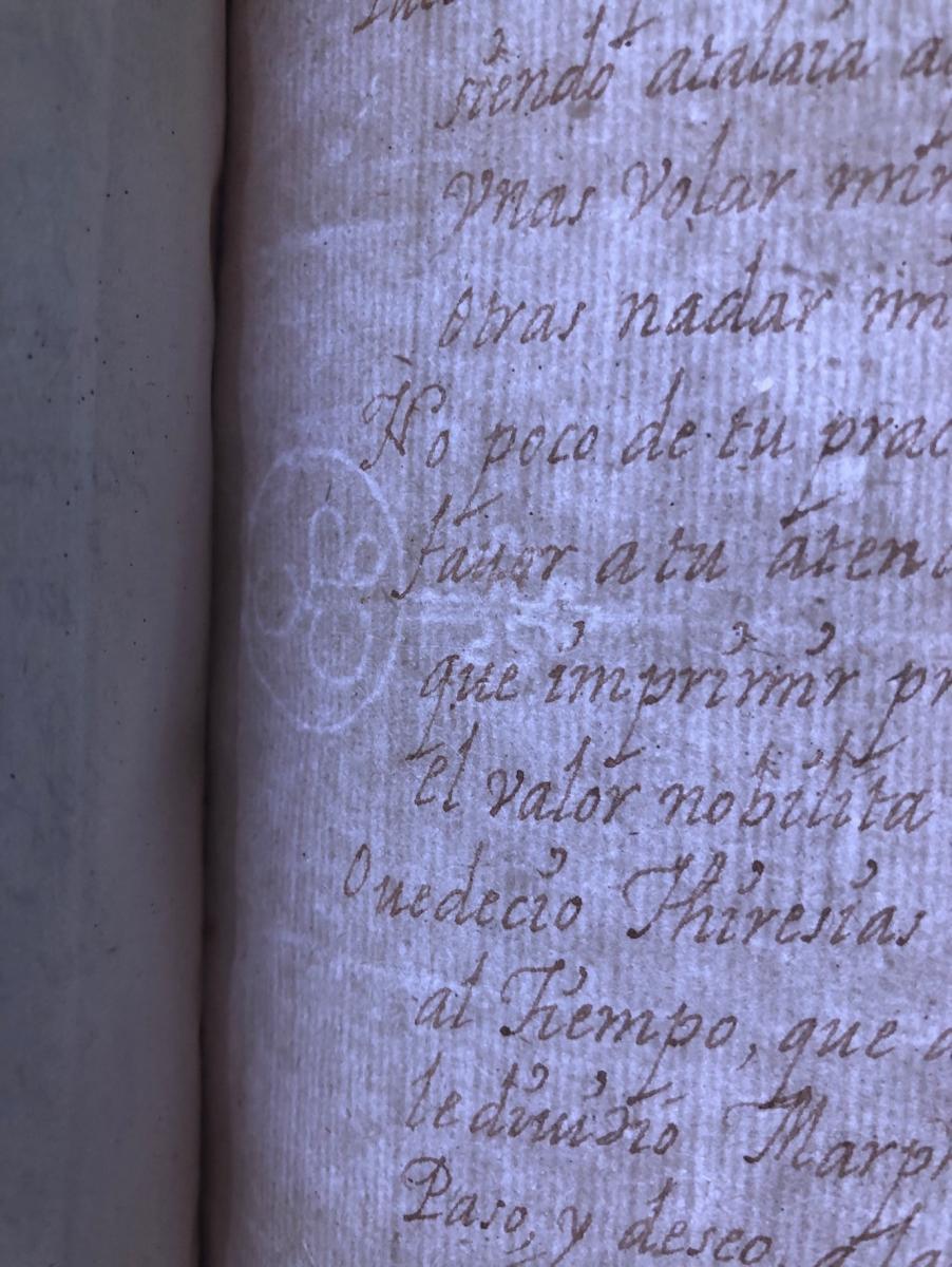 Watermark on fol. 38. A circle containing the letters ‘CBO’, topped with a cross. There is another circle underneath, imperceptible in the photograph. Photograph: Tess Eastgate, courtesy of the Bodleian Libraries.